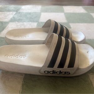 Adidas White Slides with Black Stripes